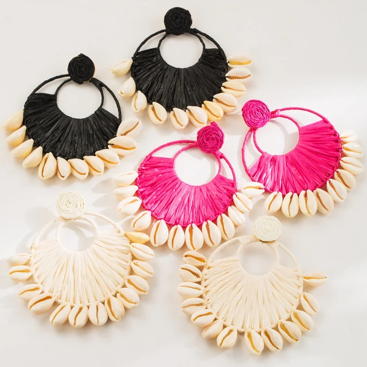 XD-17 Beach Women Ear Jewelry Trendy Wholesale Woven Braided Raffia Natural Shell Stud Earrings For Girls