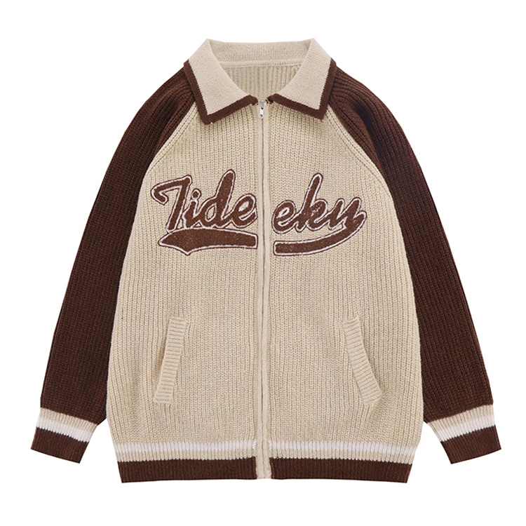 2024 causal polo zipper cardigan sweater stripes embroidery cable knit sweater long sleeve winter  breathable knitted sweater