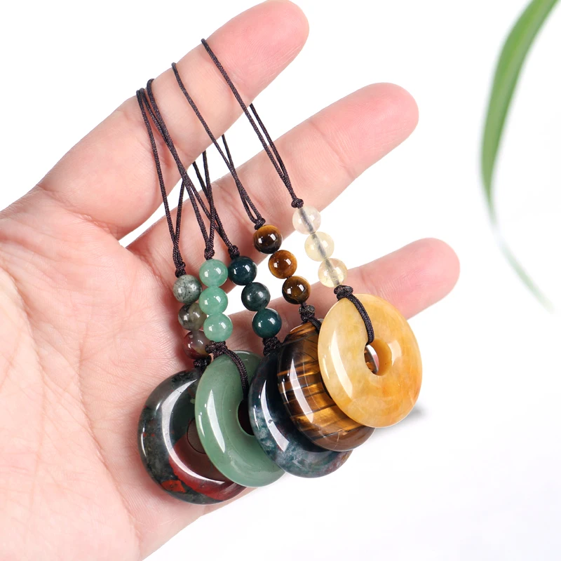30mm Circle Donut Healing Crystals Necklace Natural Semi-Precious Chakra Gemstone Stone Amulet Lucky Coin Donuts Charm Necklace