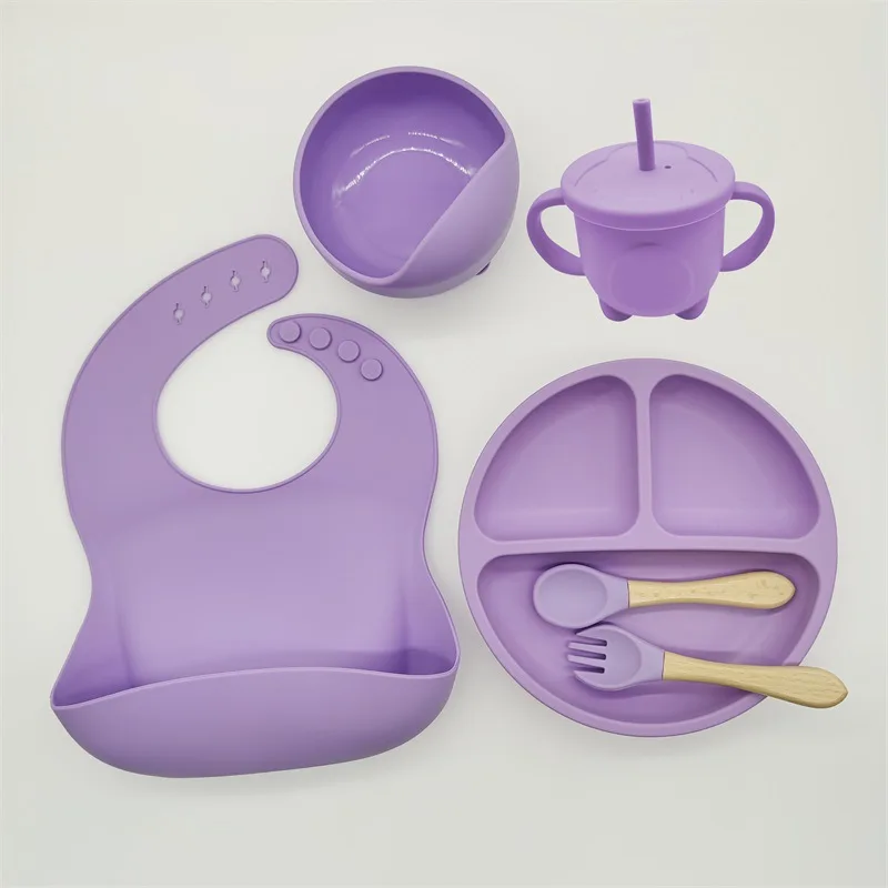 Baby Dining Set Silicone Bowl Spoon Fork Sippy Cup Tableware Baby Feeding Silicone Suction Plate Feeding Set