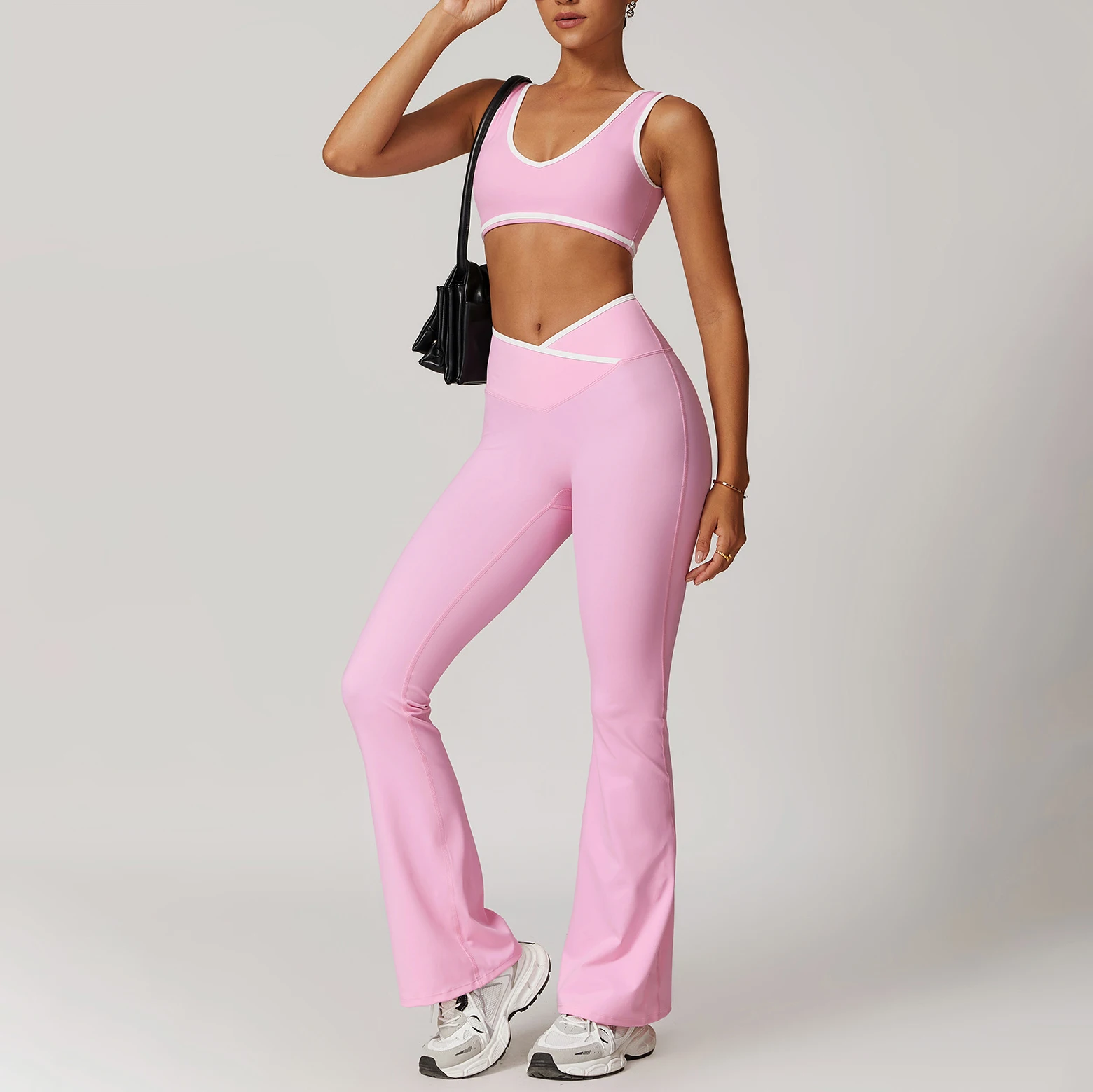 YIYI New Custom Logo Flare Legging Sets High Compression Yoga Suits Gym Fitness Set Women V Waist Crop Bra Top And Shorts Sets