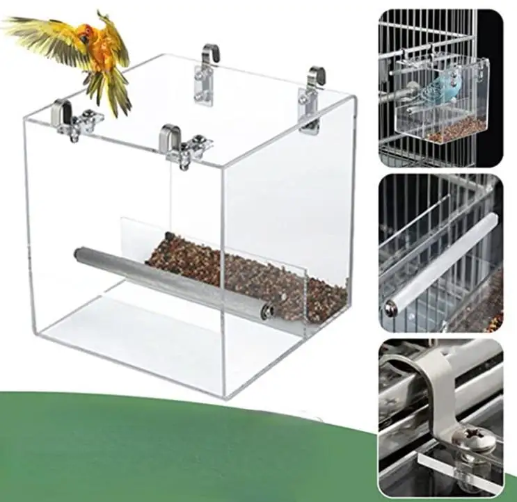 Customized Acrylic Bird Bath Cage with hanging Hooks for Small Bird Parrots Lovebirds