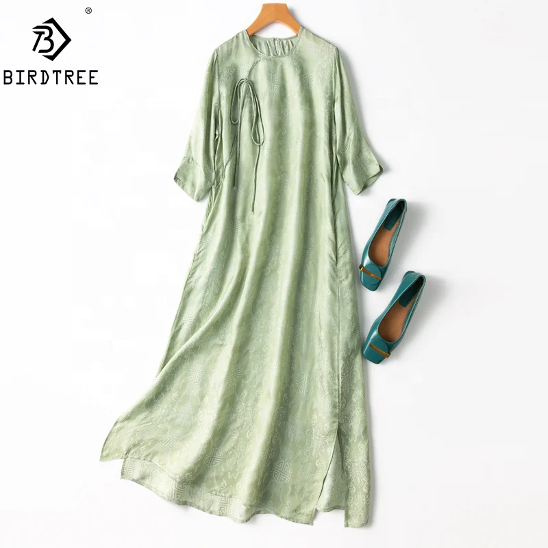 Birdtree Natural Silk Damask Dresses Women Round Collar Loose Jacquard Short Sleeve Midi Cheongsam Robe Dress Summer D36332JM