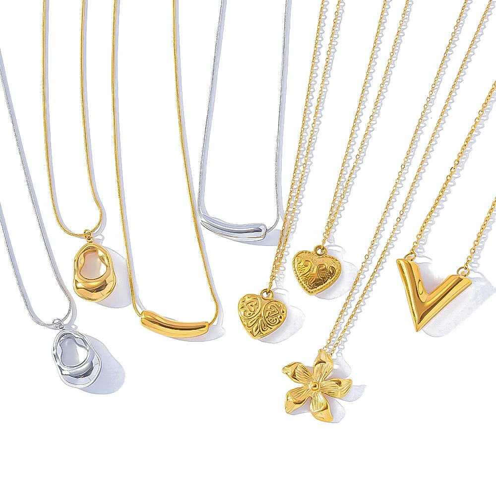 2024 New 18k Stainless Steel Necklace Delicate Heart V Shaped Flower Cross Pattern Pendant Multi-Strand 18k Gold Plated Pearl