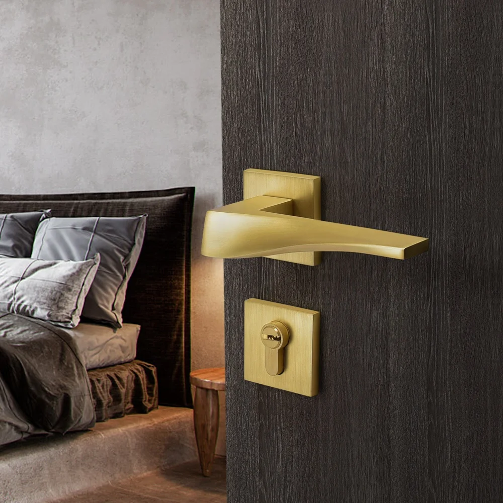 YONFIA 8041BB new zinc alloy brushed brass interior door lock set home bathroom lever golden door handles for wood door hardware