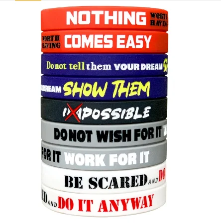 Whosale Motivational Quote Rubber Bracelets Silicone wristband Customized team logo printed Unisex Adult Design
