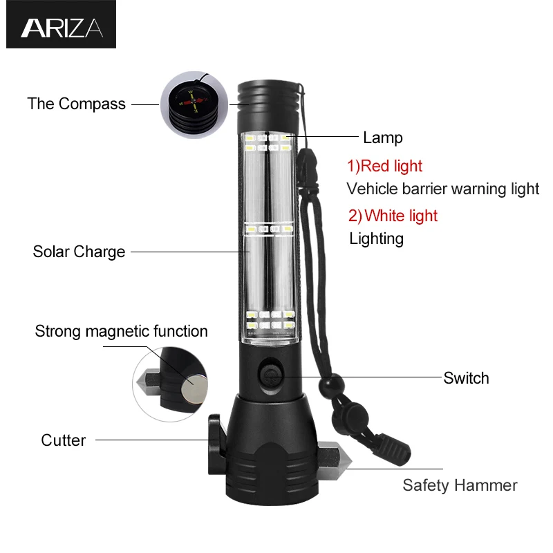 Multifunction Emergency SOS Alarm Tactical Solar Power Rechargeable Led Torch With Power Bank