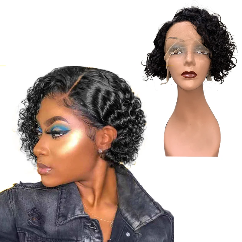 Peruvian cuticle aligned hair T side part 13x4x1 T side part full hd lace front human hair machine made short bob wigs