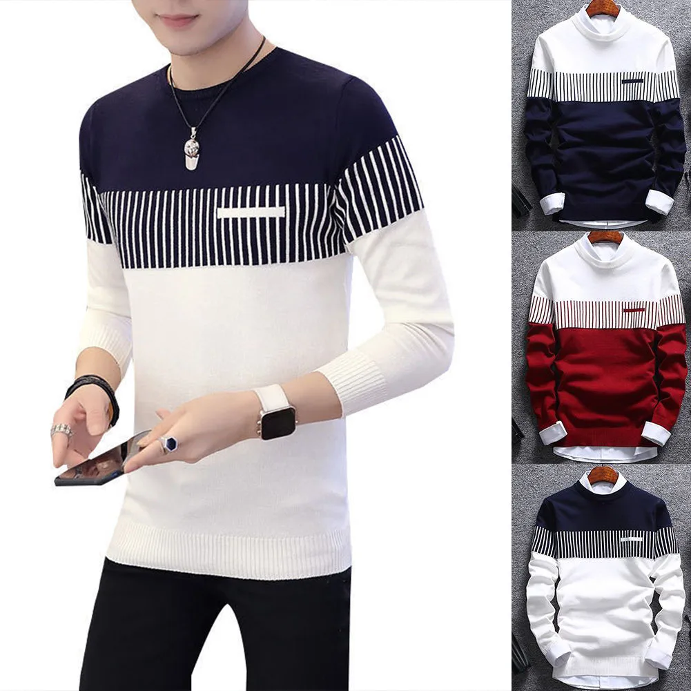 Новинка, удобная трендовая Красивая Осенняя мужская Трикотажная рубашка в полоску с круглым вырезом, свитер с длинным рукавом