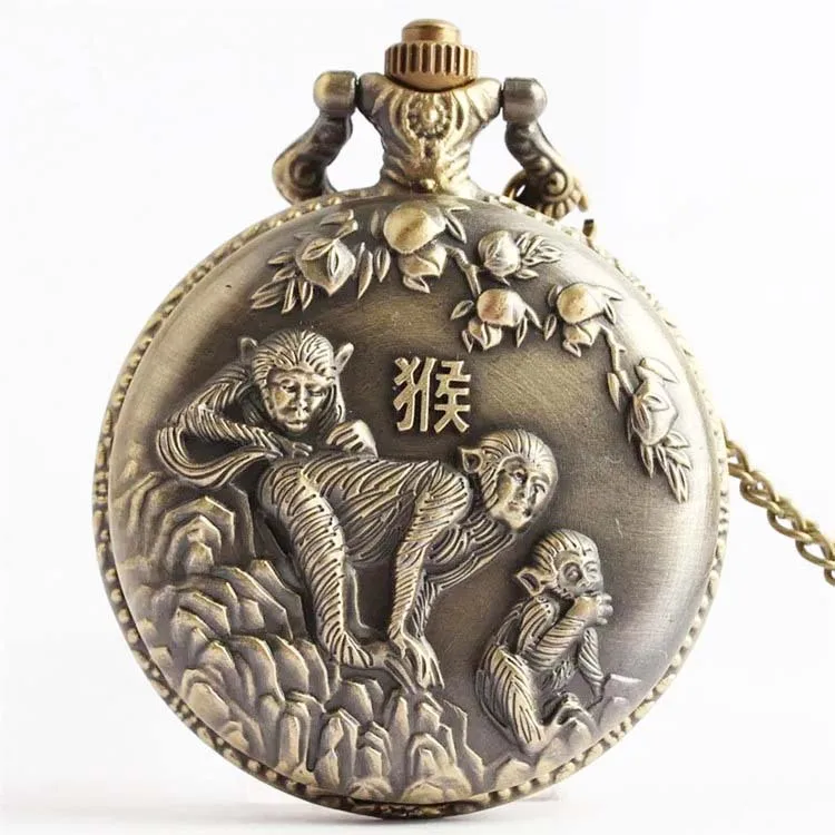 Wholesale Chinese Zodiac Keychain Bronze Pocket Watch Antique 12 Zodiac Pocket Watch Retro 3D Engraving Animal Quartz Watch