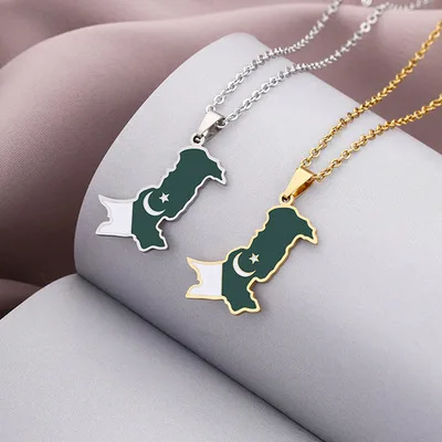 Fashionable Vacuum Plating Titanium Steel Pakistan Map Necklace Stainless Steel Enamel Pakistan Flag Charm Necklace