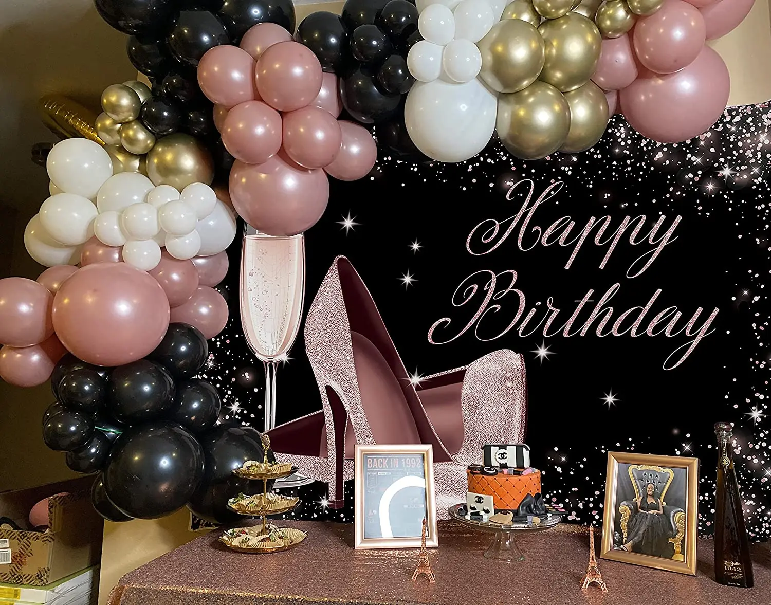 Rose Gold Glitter Happy Birthday Backdrop High Heels Champagne Glass Photography Background for Adult Women Birthday Party