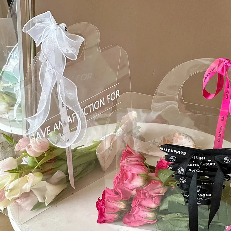 Fall In Color PET Transparent Flower Bag INS New Floral Bouquet Handle Bag For Florist