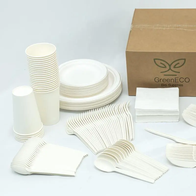 Wholesale Dinnerware & Tableware 50pcs 7/9inch Bagasse Plate 12oz Paper Cup PLA Biodegradable Cutlery Napkin Set 50pcs Each