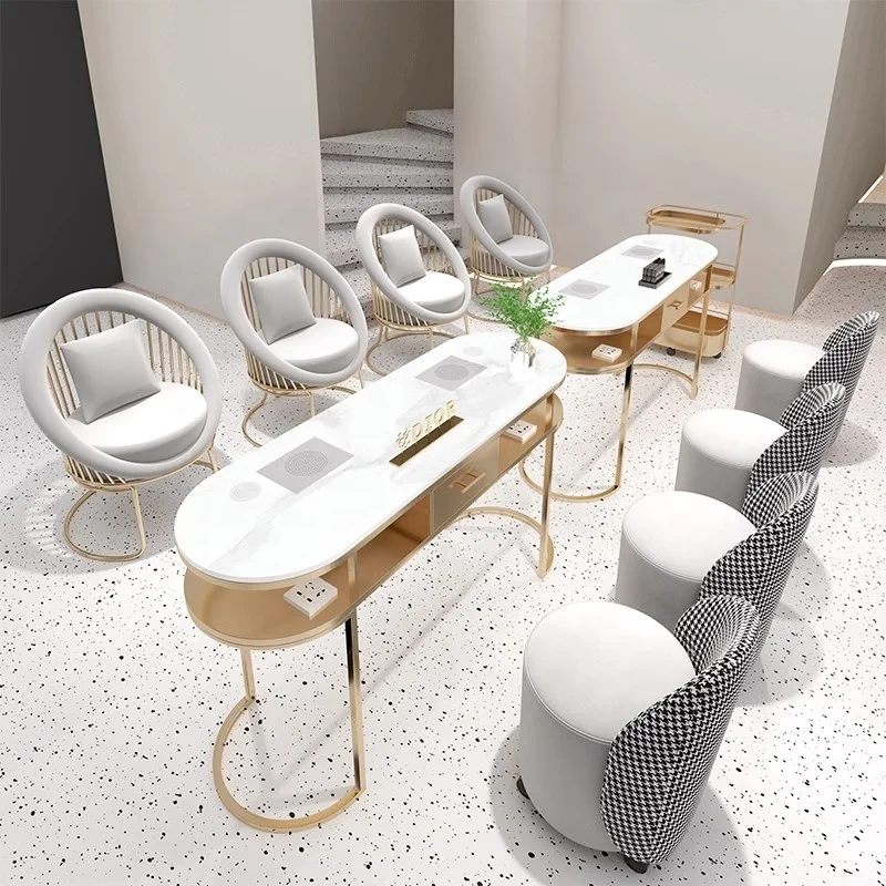 Wholesale luxury nail shop salon table and chair gold frame marble top double modern manicure tables