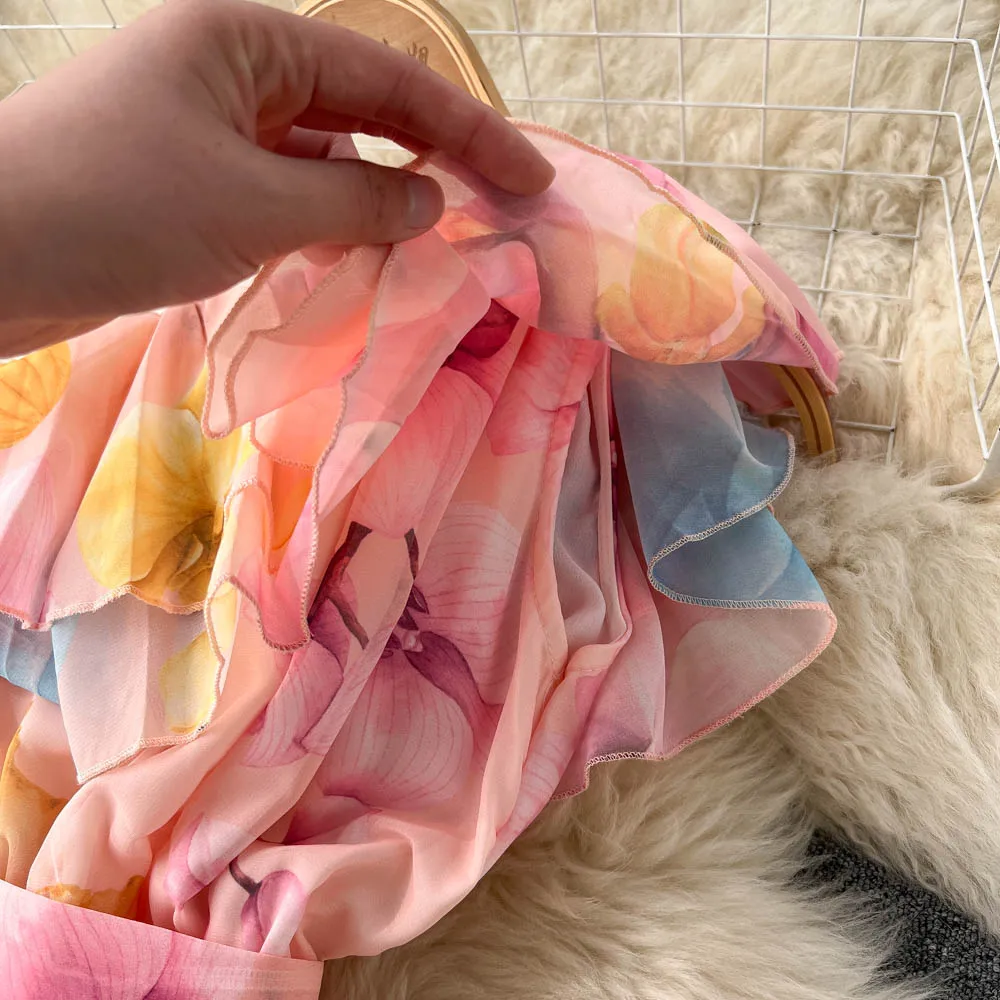 New Irregular Slanted Shoulder Chiffon Floral  Long Dress Vestidos Women Elegant Summer Casual Dresses