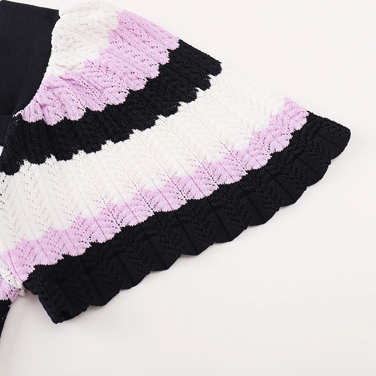 Knitwear manufacturers custom summer against color square collar wave stripe slim elegant fashion long women kint dress