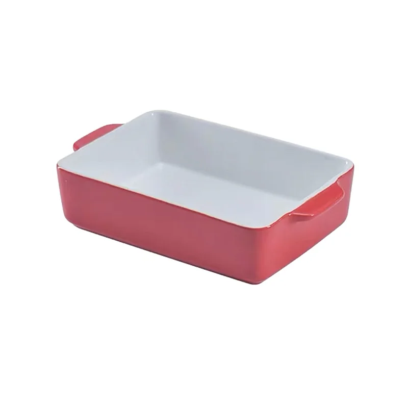 Custom Nordic Kitchen Non Stick Oven Cake Bakeware Rectangular Baking Dishes Pink Glazed Ceramic Bakeware with Handles