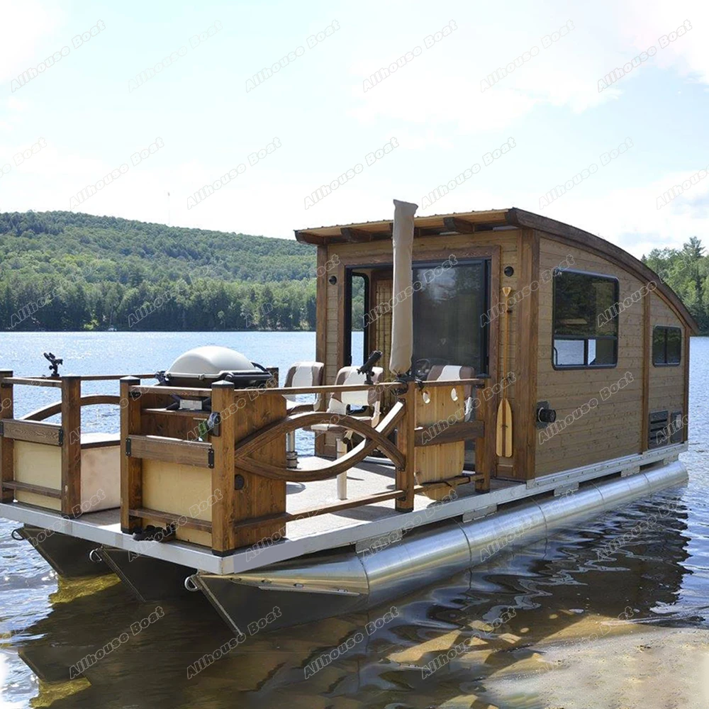 Allhouse New Design 8.2m House Boat Luxury Aluminum Pontoon Houseboat With Motor and Trailer For Sale