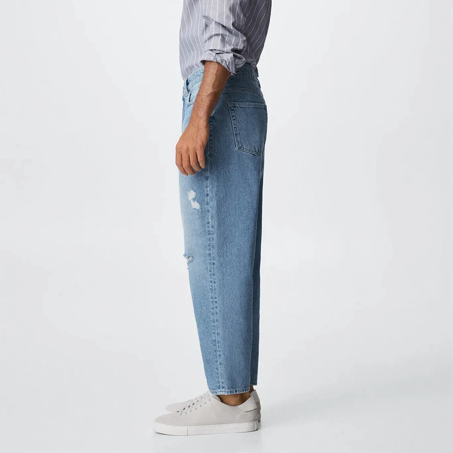 Custom Material Hip Hop Street Wear Loose 100%Cotton Destroyed Raw Seam Jeans Men