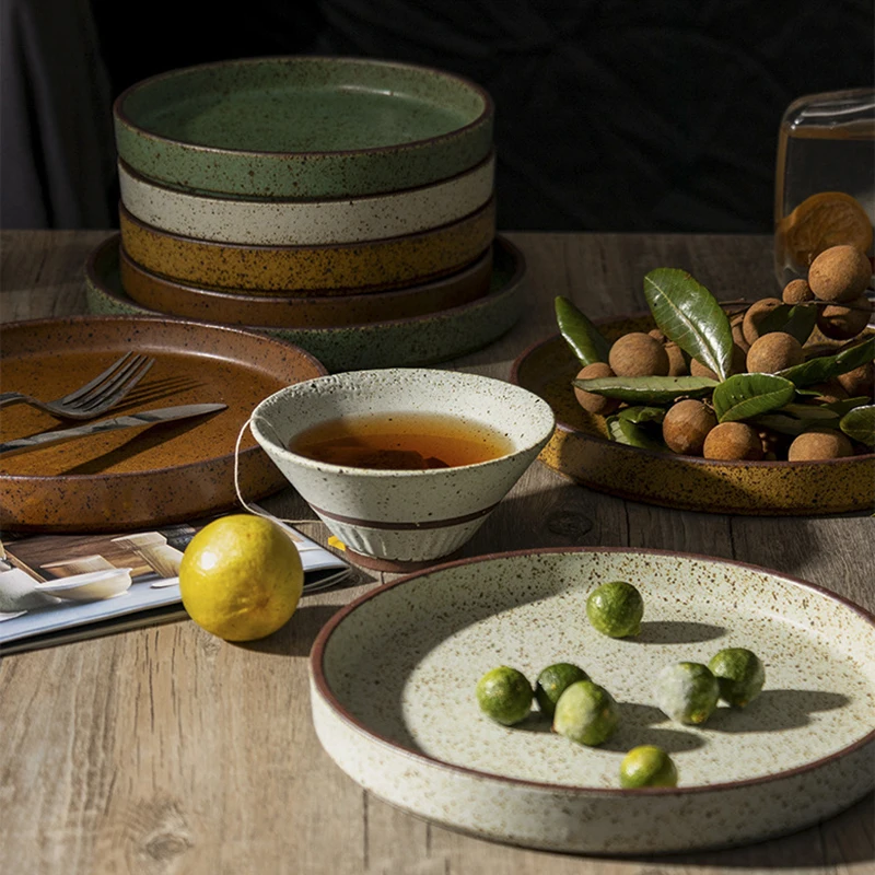 Pottery dinnerware round novelty rustic charger dinner stoneware plate for home restaurant hotel for fruit pasta steak retro