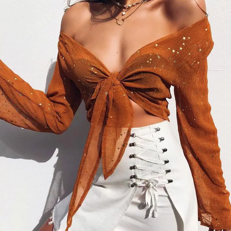 
2019 Hot Stamping Sunscreen Clothing Mesh Perspective Long Sleeve Lace Shirt Women Blouse 