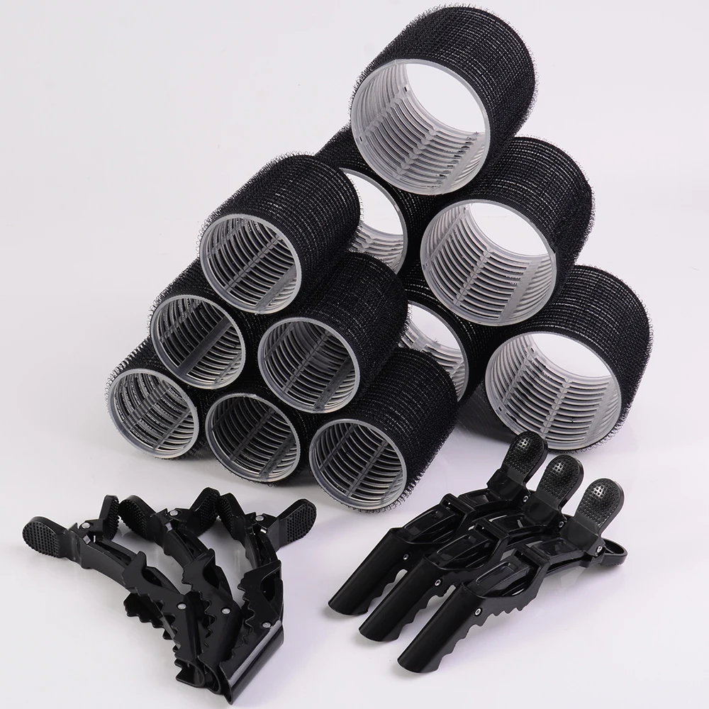 Custom package 16pcs self grip hair rollers and 6pcs alligator hair clips heatless plastic nylon hair rollers set