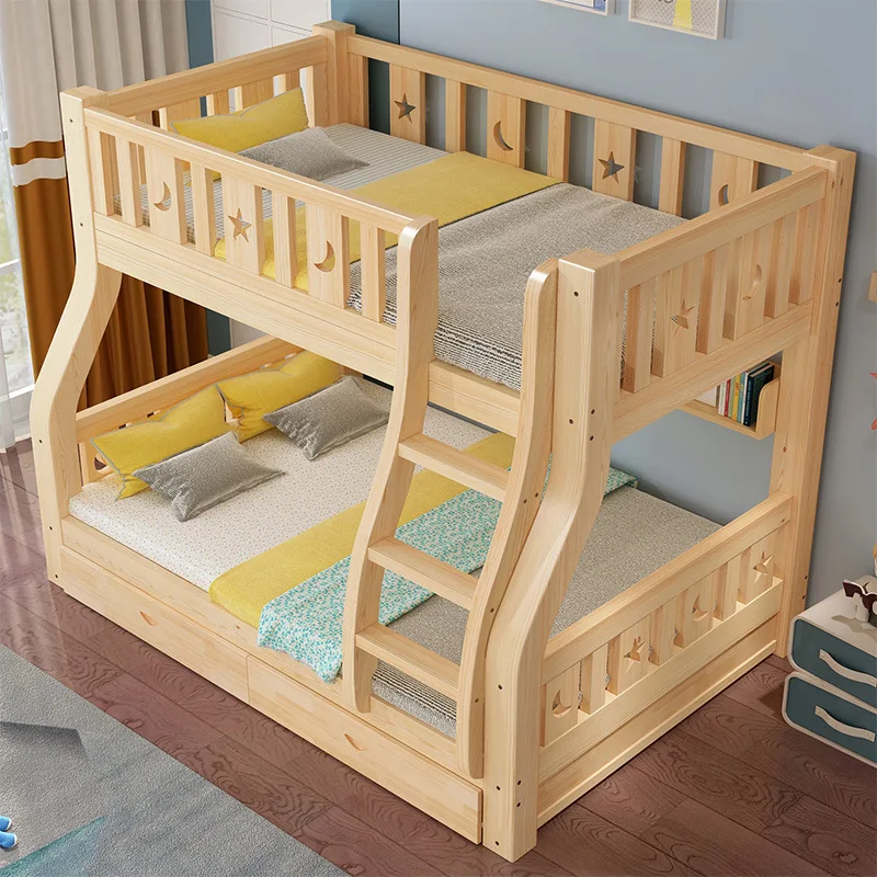 Hotel Kids Bed Set Solid Wood loft Double Queen Wooden Modern Bedroom Space Saving Wooden Bunk Bed With Stairs