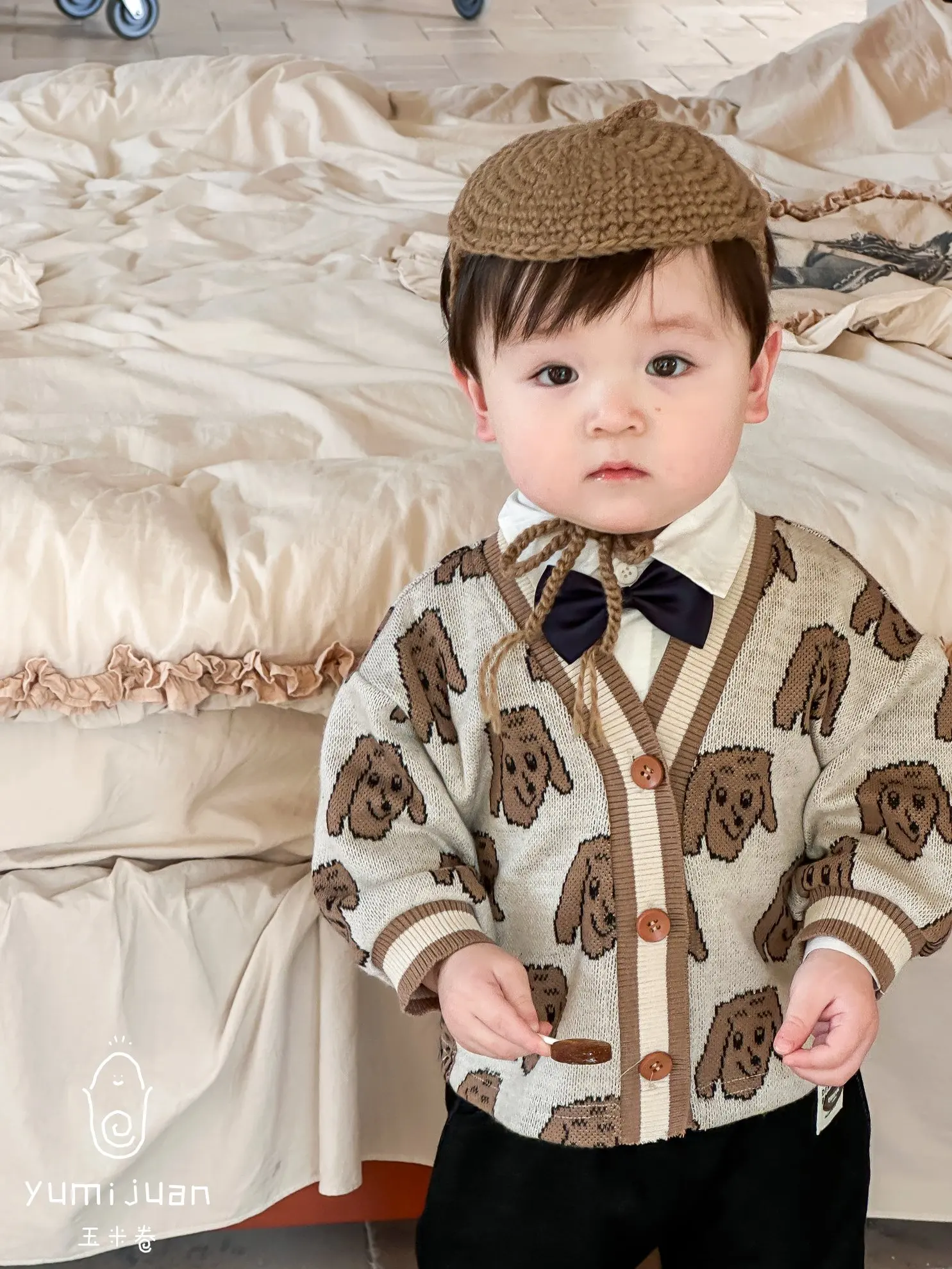 Autumn Baby Boy Three-Piece Casual Comfort Suit with Buttons Warm Puppy Sweater Wholesale 3pcs Clothing Set