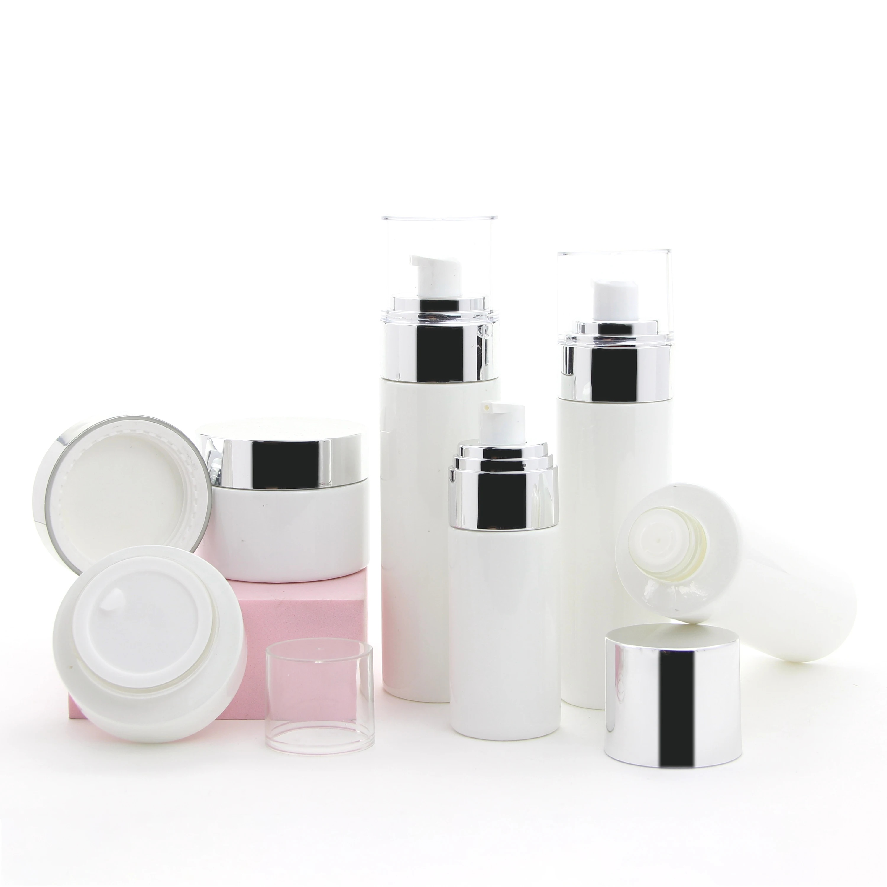Empty White 40ml 80ml 100ml 120ml 4oz Toner Body Lotion Pump Bottle and 30g 50g Face Cream Glass Jar