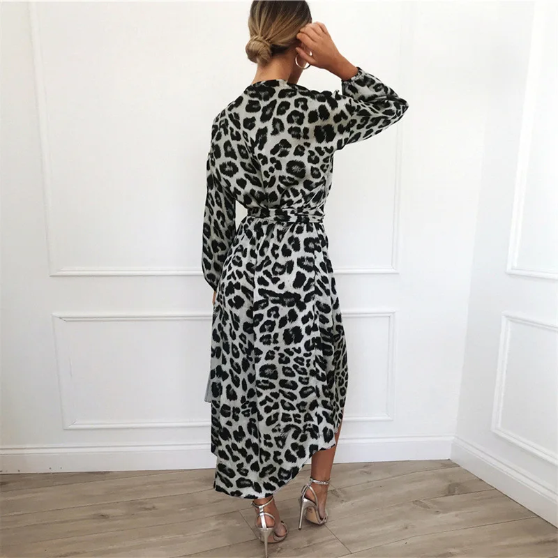 High quality new product leopard V-neck women winter dresses 2023 Irregular high-rise tie body lepord print dress