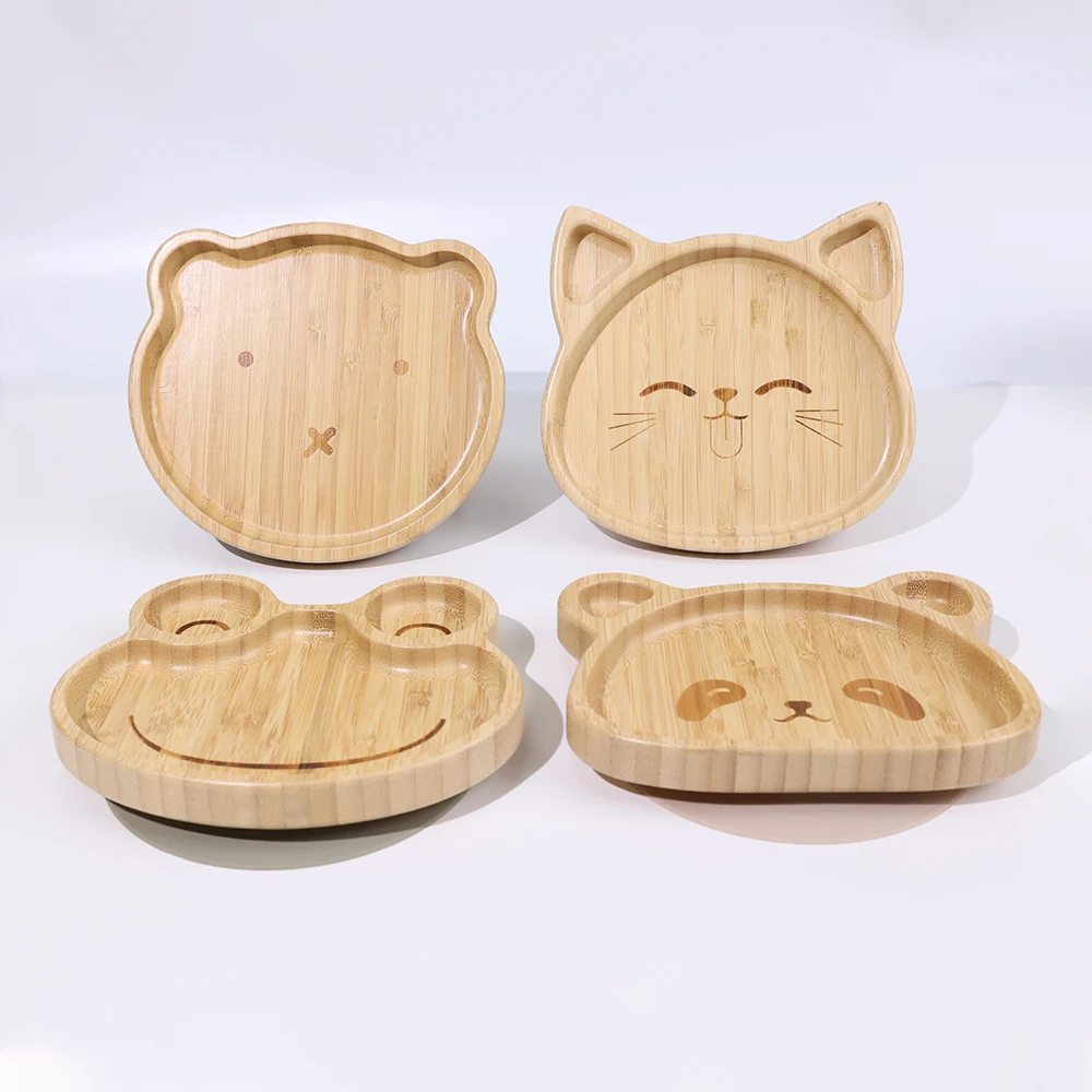 Cartoon Animal Custom Logo Eco-friendly Suction Wooden Plates Bamboo Salad Bowl Set Bamboo Plates For Kids Tableware