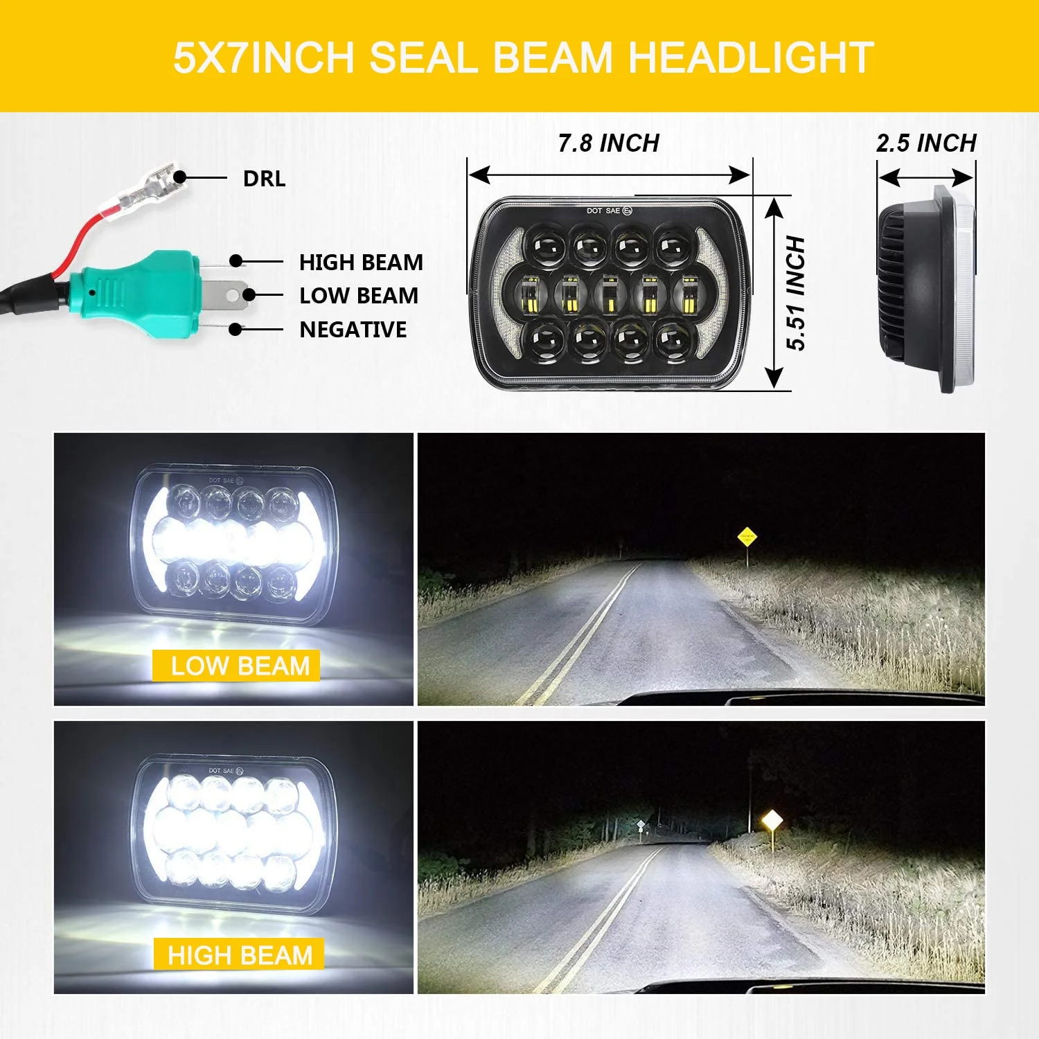 5x7 Inch High Low Beam Led Headlights H6054 with Angel Eyes DRL Car 7x6 Led Headlight Compatible with Wrangler YJ XJ