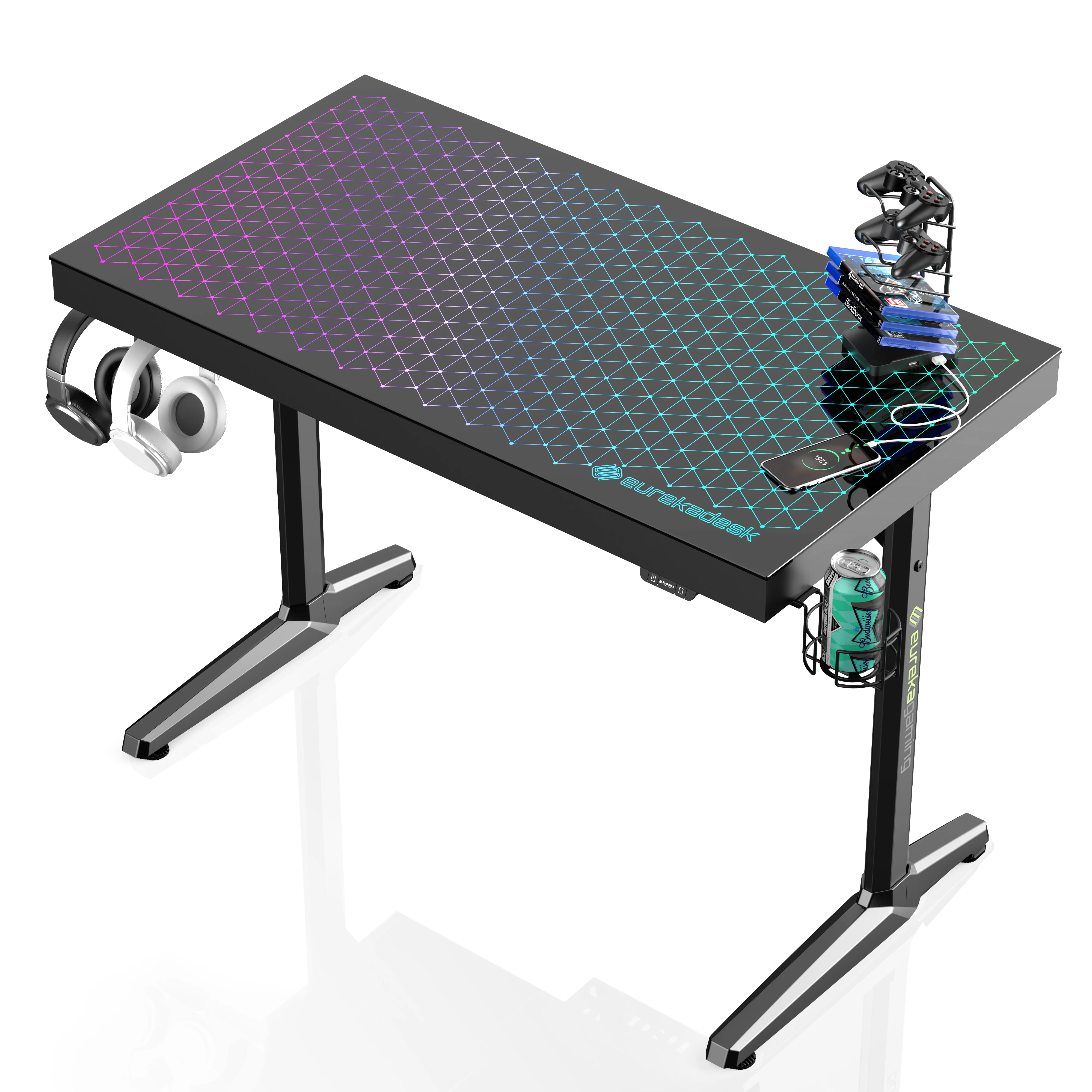 43 inch RGB Tempered Glass Gaming Desk, Home Office PC Computer Table with Music Active RGB LED Lighting Effects, APP Control