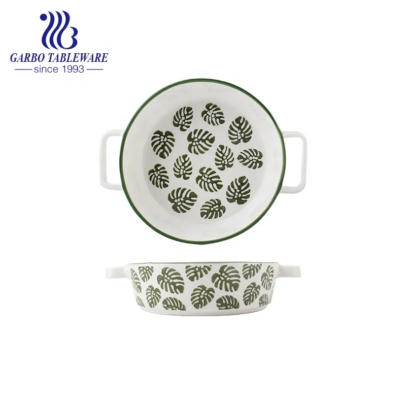 Factory custom leaf glazed round 10.2inch/1800ml plain microwave oven pyrex ceramic deep baking dish