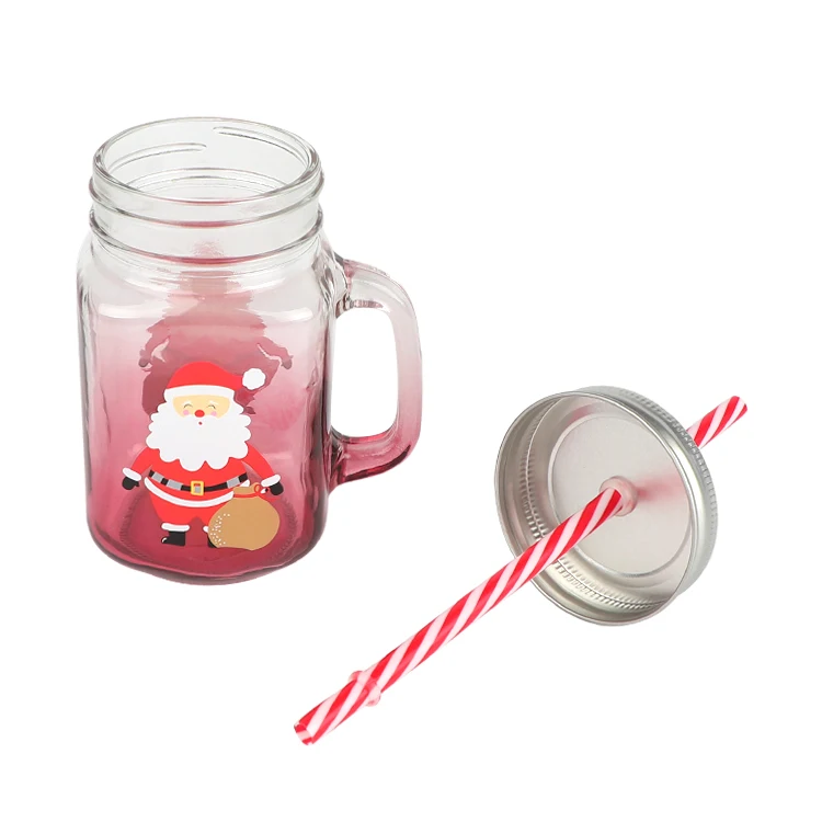 Welford 16 oz Old Fashioned Colorful Drinking Glass Mason Jar Mugs with Handle and Straws