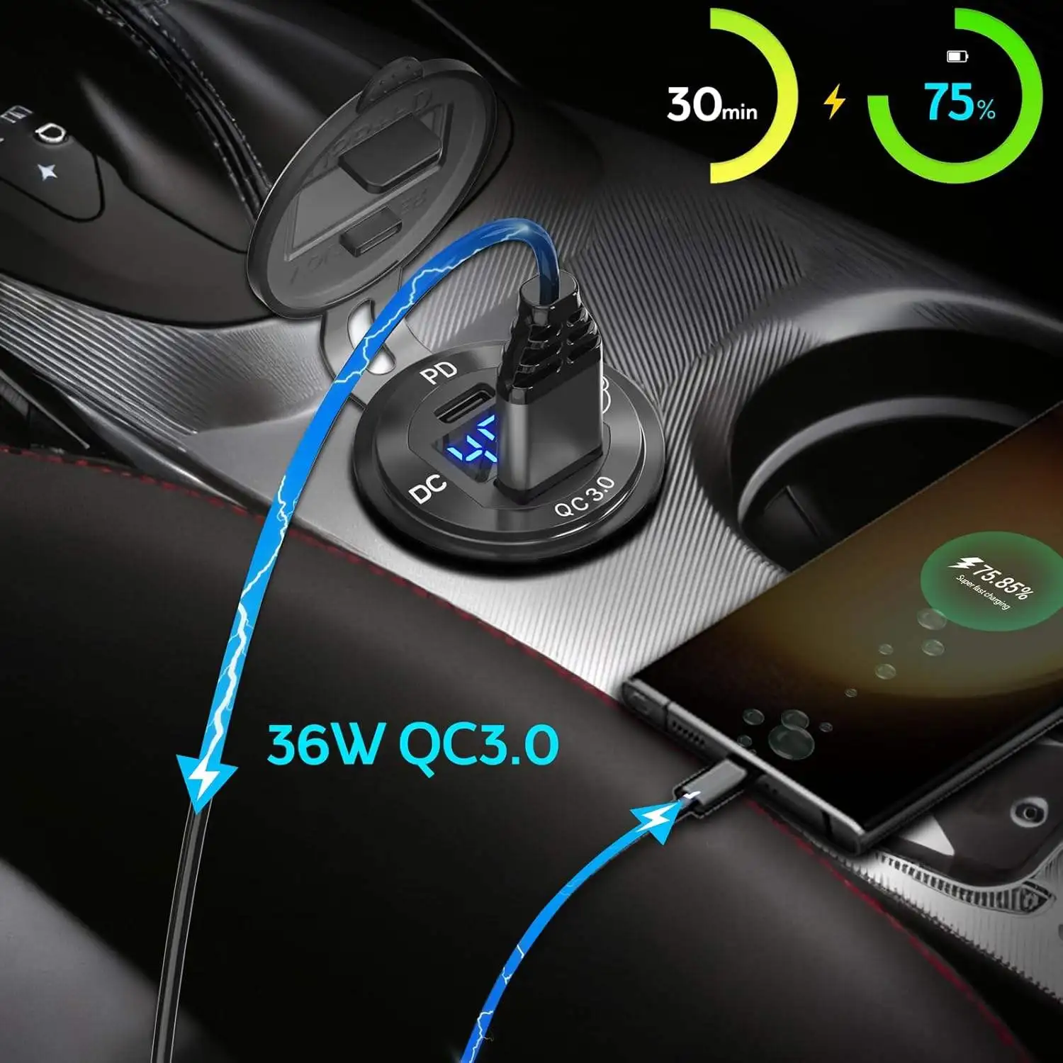 PD 30W USB C QC 36W Car USB Port Waterproof with Button Switch USB Car Charger Socket