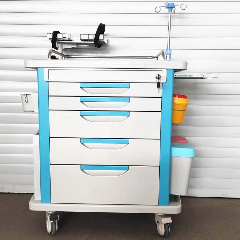 Turquoise color abs medical trolley with drawers