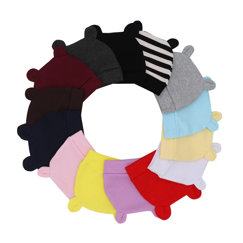 Wholesale Multiple Colors Cotton Baby Beanie With Ears Knitted Newborn Icing Plain Cute Baby Boys Girls Hats For 0-3 Months
