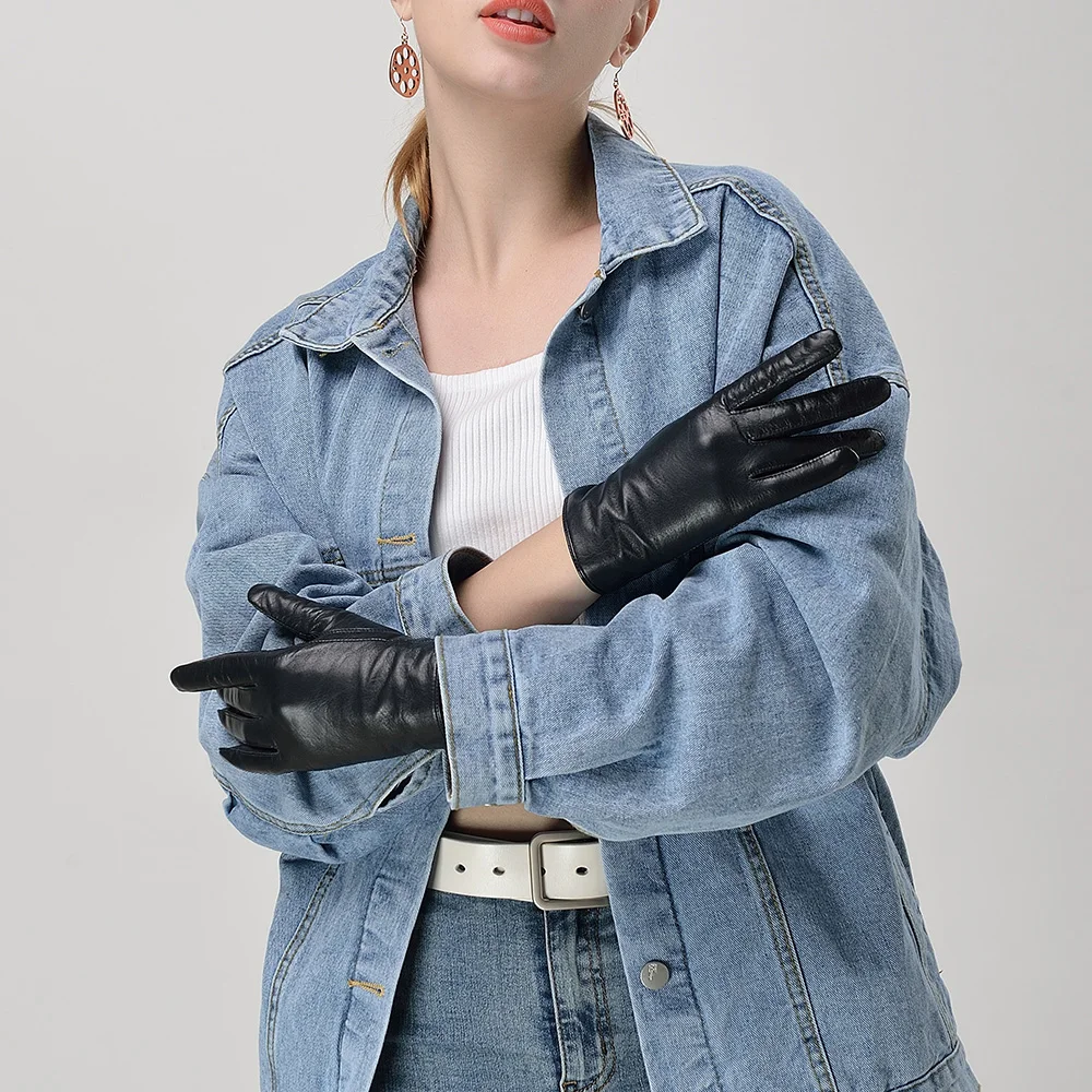 Kulanyane High End Premium Basic Style with Button Ladies Navy Winter Driving Lamb Leather Gloves