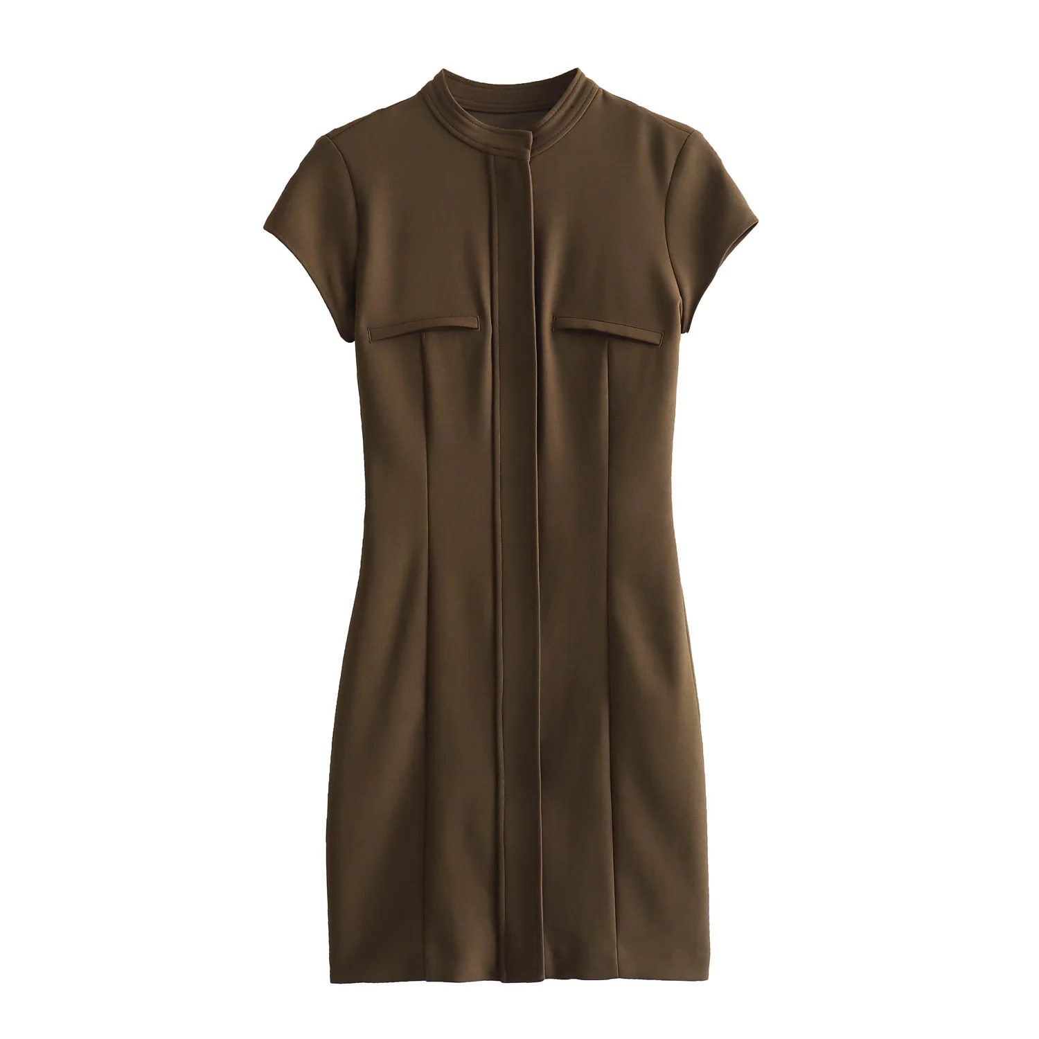 Crew neck dark green color short sleeve pleated casual fashion mini dress for women