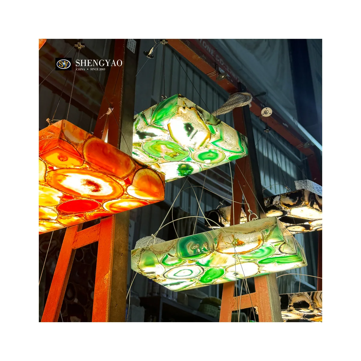 Custom Green Red Onyx Gemstone Ceiling Light Luxury Translucent Agate Lamp