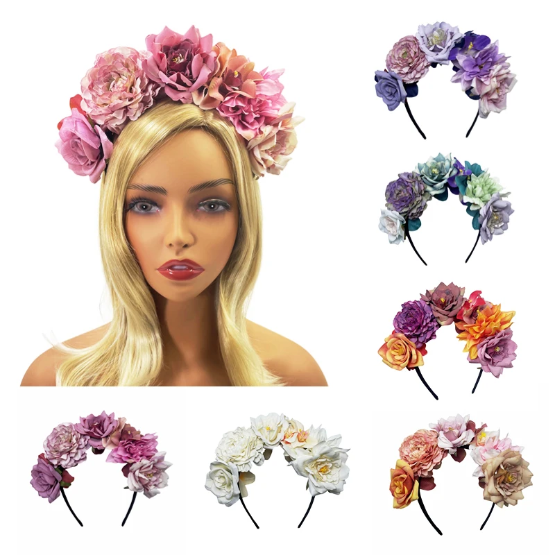Women Artificial Hair Accessories Simulation Flower Hair Ring Adjustable Fabric Wedding Wreath Crown Rose Headband For Bride