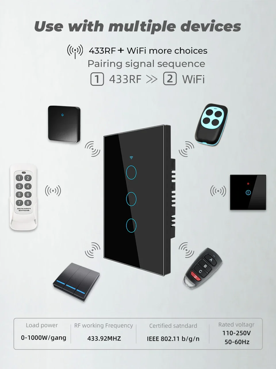 US Smart Switch 2 gang Tuya Control Works With Google Home Smart Life RF Remote Control WiFi Panel No Neutral Touch Wall Switch