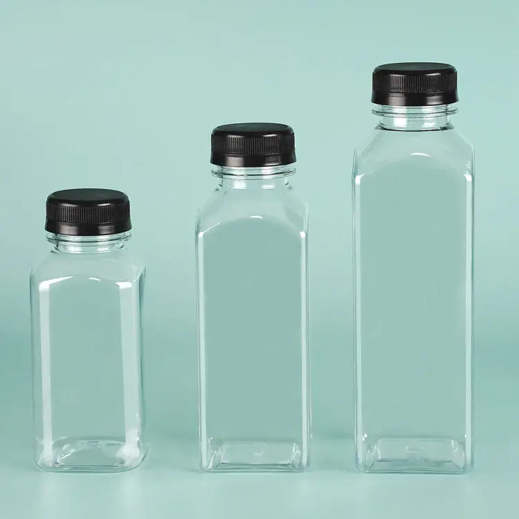 Wholesale 8oz 12oz 16oz Clear Food Grade PET Square Beverage Plastic Juice Water Bottle with Cap