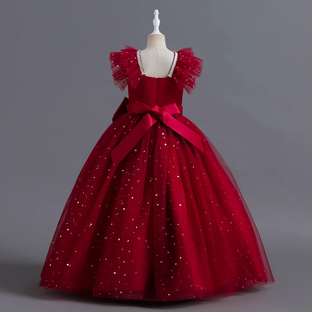 LS5505   Newest Children Long Frock Design High Quality Puffy Simple Kids Wedding Party Elegant Dress