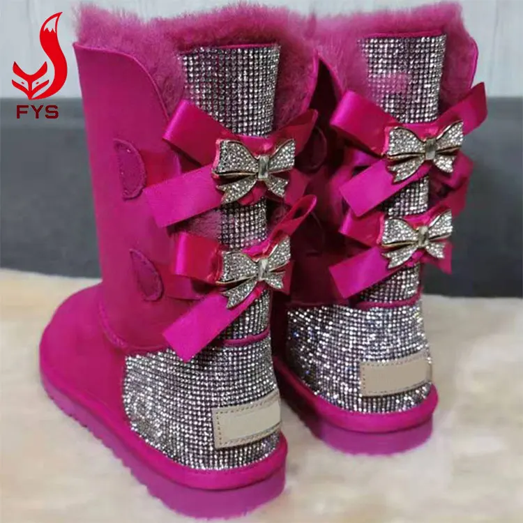 Fashion custom logo flat winter sheep pink fur boots casual bow fur short boots kids for women