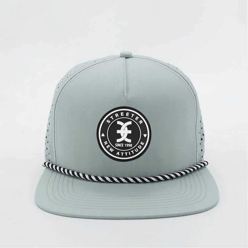 OEM Custom Embossed PVC Rubber Patch Logo 5 Panel Laser Cut Hole Perforated Rope Golf Nylon Waterproof Cap Snapback Hat