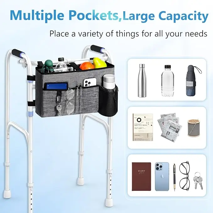 Walker Basket with Cup Holder Foldable Walker Storage Bag for Seniors with Big Capacity wheelchair Storage Bag