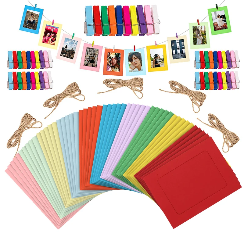 NISEVEN Hot Selling 50Pcs/set Colorful Wall Decor Hanging Picture Frames DIY Paper Photo Frame With Clips and Ropes